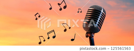 Vintage microphone stands tall, broadcasting musical notes against a vibrant sunset backdrop, symbolizing a captivating performance or recording session 125561563