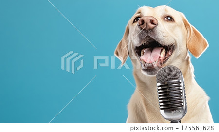 Funny labrador retriever singing or barking with vintage microphone on blue background, representing concepts like karaoke, music, entertainment, and humor 125561628