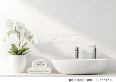 Bright bathroom design with compact sink and decorative plant for a fresh ambiance 125561640