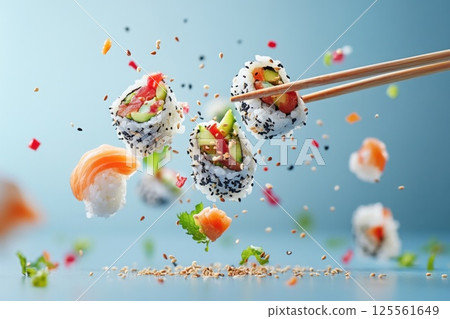 Sushi pieces float mid air as chopsticks reach for a delicious bite with vibrant colors 125561649