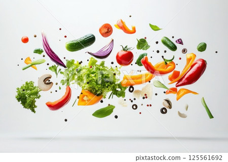 Fresh vegetables and herbs floating in natural light against a white background 125561692