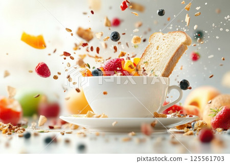 Floating breakfast elements showcase coffee cup toast and fruit in mid air display Floating breakfast elements showcase coffee cup toast and fruit in mid air display 125561703