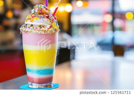 Colorful layered milkshake topped with whipped cream and sprinkles in vibrant diner setting Colorful layered milkshake topped with whipped cream and sprinkles in vibrant diner setting 125561711