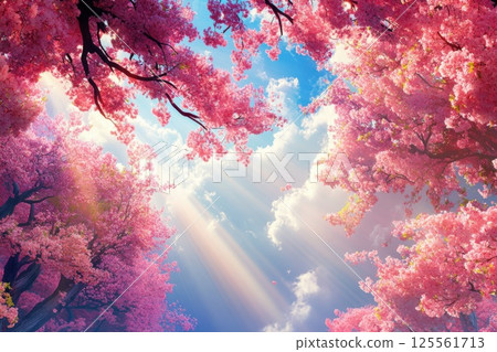 Sunlight streaming through cherry blossom canopy in peaceful springtime setting 125561713
