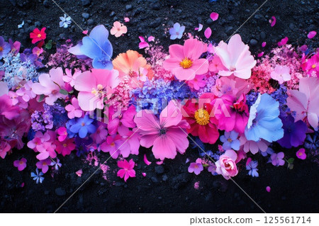 Colorful fallen flowers create a vibrant pattern on dark soil in natural light 125561714