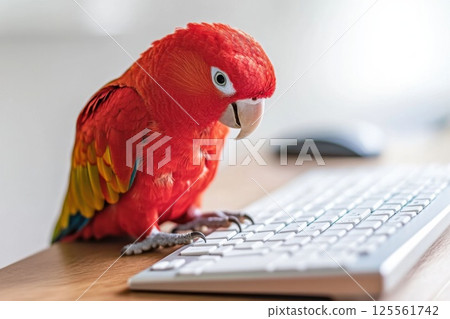 Parrot types on keyboard at desk as if responding to emails in a bright workspace 125561742