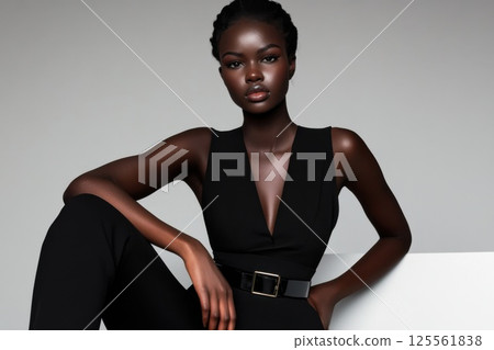 Stunning model showcases high fashion belt with unique clasp in striking pose against clean backdrop 125561838