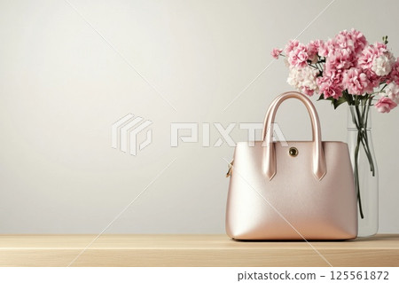 Chic satin handbag resting elegantly on a wooden table with flowers in a vase 125561872