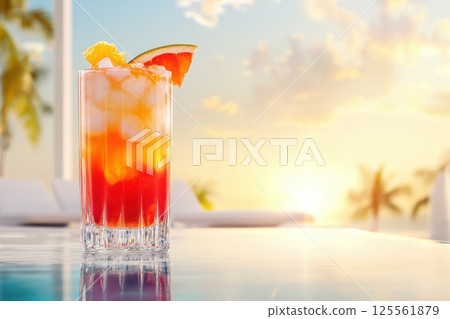 Vibrant orange and red tequila sunrise cocktail against stunning tropical sunset backdrop 125561879