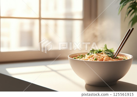 Steaming bowl of pho with fresh herbs and chopsticks in bright kitchen setting 125561915
