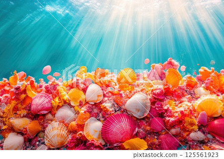 Colorful underwater landscape with shells and pebbles illuminated by sunlight at ocean depth 125561923