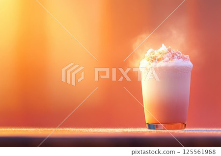 Frothy cappuccino on a cafe table with steam rising in warm light 125561968