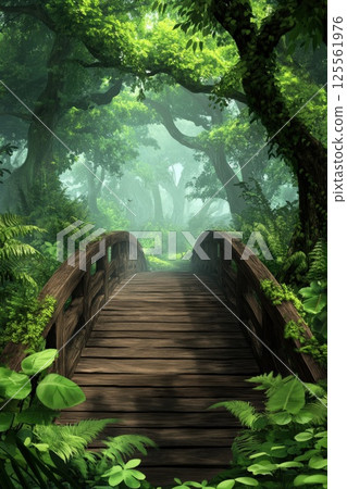 Whimsical wooden bridge leading to a hidden forest village with misty surroundings Whimsical wooden bridge leading to a hidden forest village with misty surroundings 125561976