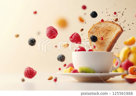 Floating breakfast elements with coffee cup toast and fruits in bright background 125561988