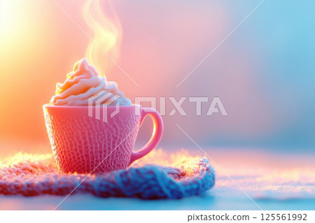 Cozy hot chocolate served with whipped cream on a knitted surface in warm tones Cozy hot chocolate served with whipped cream on a knitted surface in warm tones 125561992