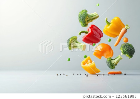 Colorful flying vegetables create a vibrant stir fry display in mid air 125561995