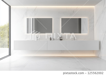 Bright contemporary bathroom showcases a dual vanity with backlit mirrors and a frameless shower 125562002
