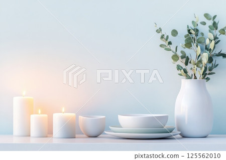 Elegant dinner table setting with gourmet dishes and candles for a special occasion Elegant dinner table setting with gourmet dishes and candles for a special occasion 125562010