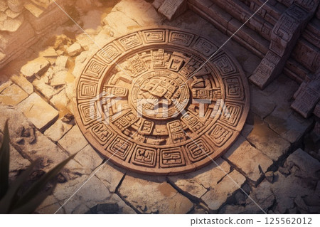 Beautifully displayed Mayan stone calendar with deep carvings and warm rich texture Beautifully displayed Mayan stone calendar with deep carvings and warm rich texture 125562012