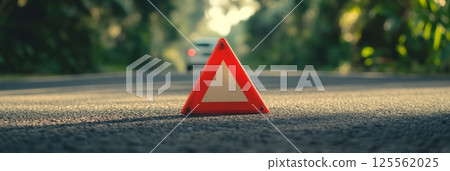 Red warning triangle on dark asphalt road signaling car breakdown, with a blurry white car in the background and lush green vegetation, highlighting caution and danger 125562025