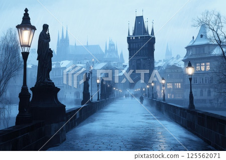 Historic Prague bridge with gothic statues and lanterns amidst rolling mist over the river 125562071