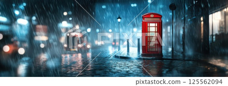 Classic British red telephone booth stands on rainy cobblestone street in the city at night Classic British red telephone booth stands on rainy cobblestone street in the city at night 125562094