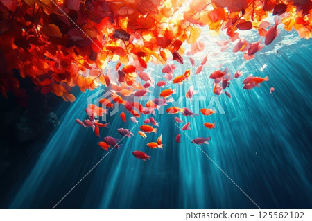 Colorful fish swimming over coral reef in bright sunlight filtering through the water Colorful fish swimming over coral reef in bright sunlight filtering through the water 125562102