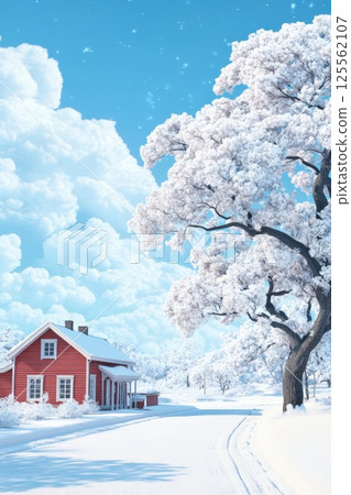 Traditional Swedish red wooden cottage in snowy landscape with vibrant blue sky and fluffy clouds 125562107