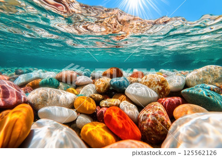 Colorful pebbles in shallow water with sunlight creating beautiful reflections from above 125562126