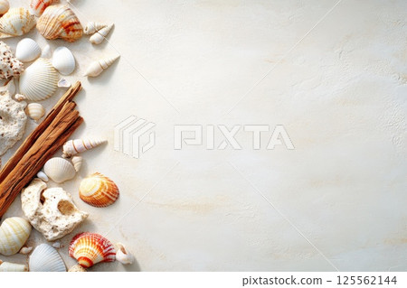 Overhead view of seashells and driftwood scattered on wet sand along the shore 125562144