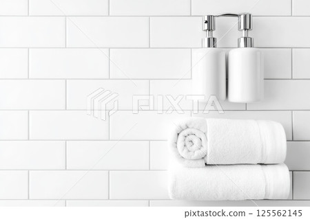 Minimalist bathroom utility area with pump system and neatly rolled towel on white tiles 125562145