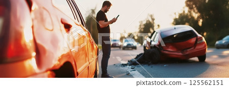 Driver using a mobile phone to request assistance after a car crash on a road during sunset, with a traffic jam visible in the background, highlighting the chaos of the incident 125562151