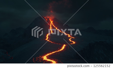 Glowing orange lava flowing down the dark slopes of a volcano at night creates a dramatic scene, showcasing the raw and dangerous power of nature in all its fiery glory 125562152