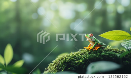 Red eyed tree frog perched on a mossy surface in a vibrant green forest, enjoying the sunlight filtering through the leaves, creating a captivating scene of wildlife in its natural habitat 125562162