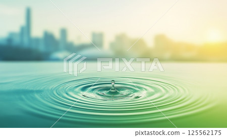Single drop of water creating concentric ripples in a pond, with a blurred city skyline in the background, evokes tranquility and urban connection with nature 125562175