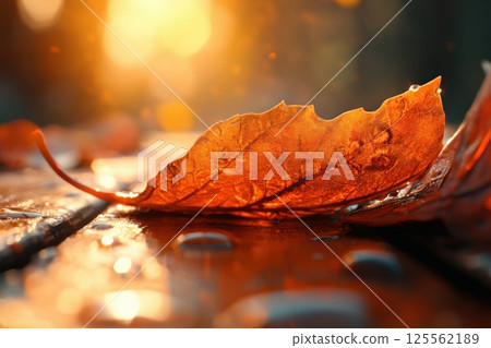 Raindrop magnifies leaf veins with soft sunlight creating a serene effect in nature 125562189