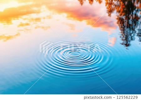 Calm lake reflecting sky with concentric ripples creating a serene atmosphere 125562229