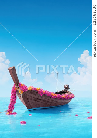 Traditional Thai longtail boat adorned with vibrant flower garlands under clear blue sky 125562230