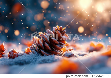 Freshly fallen snow blankets pine cones under bright sunlight in a winter landscape 125562360