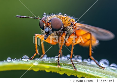 Macro capture of a small insect resting on dew covered grass blade in nature setting 125562361