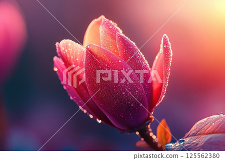 Close up of a flower bud about to bloom with dewdrops reflecting soft light 125562380