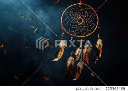 Native American dreamcatcher illustrated with detailed feather and beadwork against dark background Native American dreamcatcher illustrated with detailed feather and beadwork against dark background 125562469