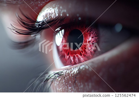 Close up view of inflamed red eyes with visible irritation and blood vessels due to conjunctivitis Close up view of inflamed red eyes with visible irritation and blood vessels due to conjunctivitis 125562474