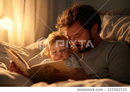 Father reading a bedtime story to his toddler under warm lighting in a cozy setting 125562510