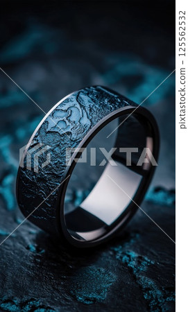 Engraved titanium ring featuring lunar landscape design on a textured dark background Engraved titanium ring featuring lunar landscape design on a textured dark background 125562532