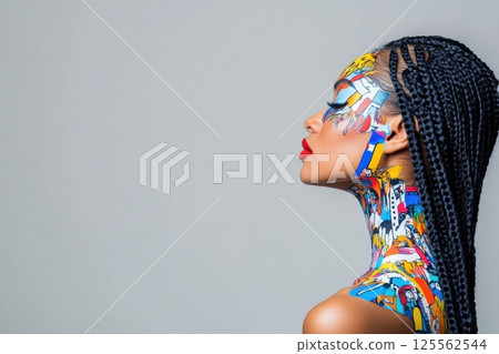 Woman with creative pop art braids showcasing vibrant stories from every strand 125562544