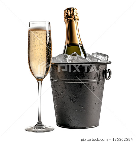 realistic champagne bottle placed in an ice-filled bucket next to a tall glass of sparkling wine on a transparent background, isolated for food and beverage design or celebration themes 125562594