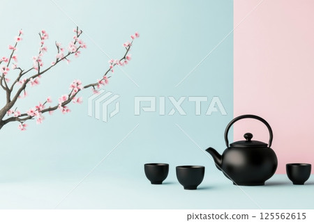 Elegant traditional Japanese tea set featuring a black teapot and cups with a pastel background 125562615