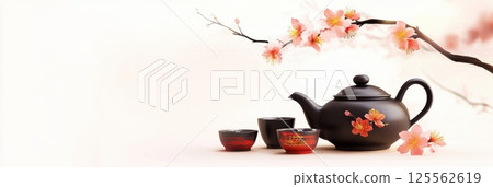 Traditional Japanese tea set beautifully arranged on soft pastel background with floral accents 125562619