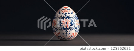 Ukrainian pysanka Easter egg with symmetrical patterns on dark background for contrast 125562621
